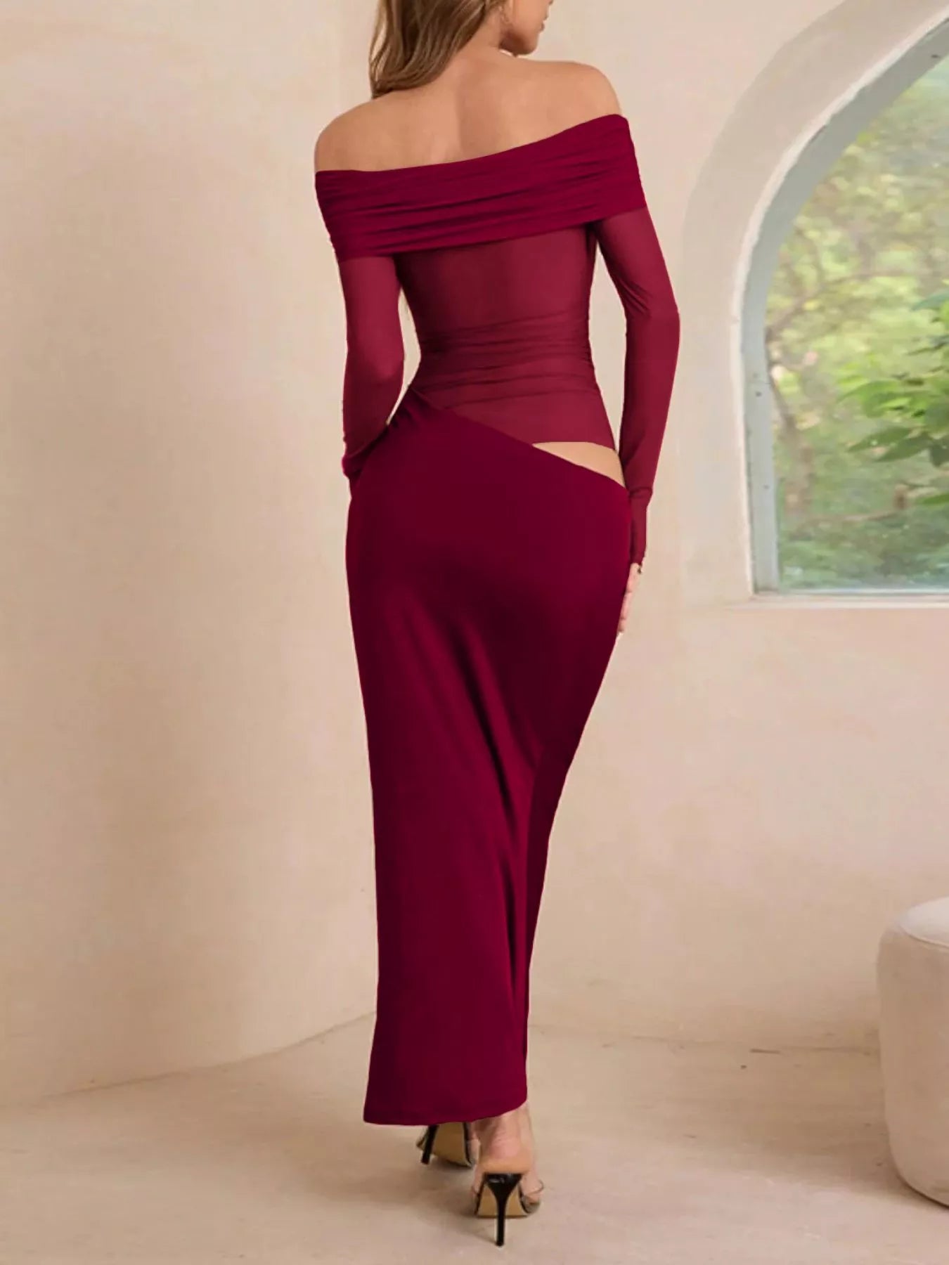Off-Shoulder Long Sleeve Ruched Bodycon Maxi Dress OutfitFlow