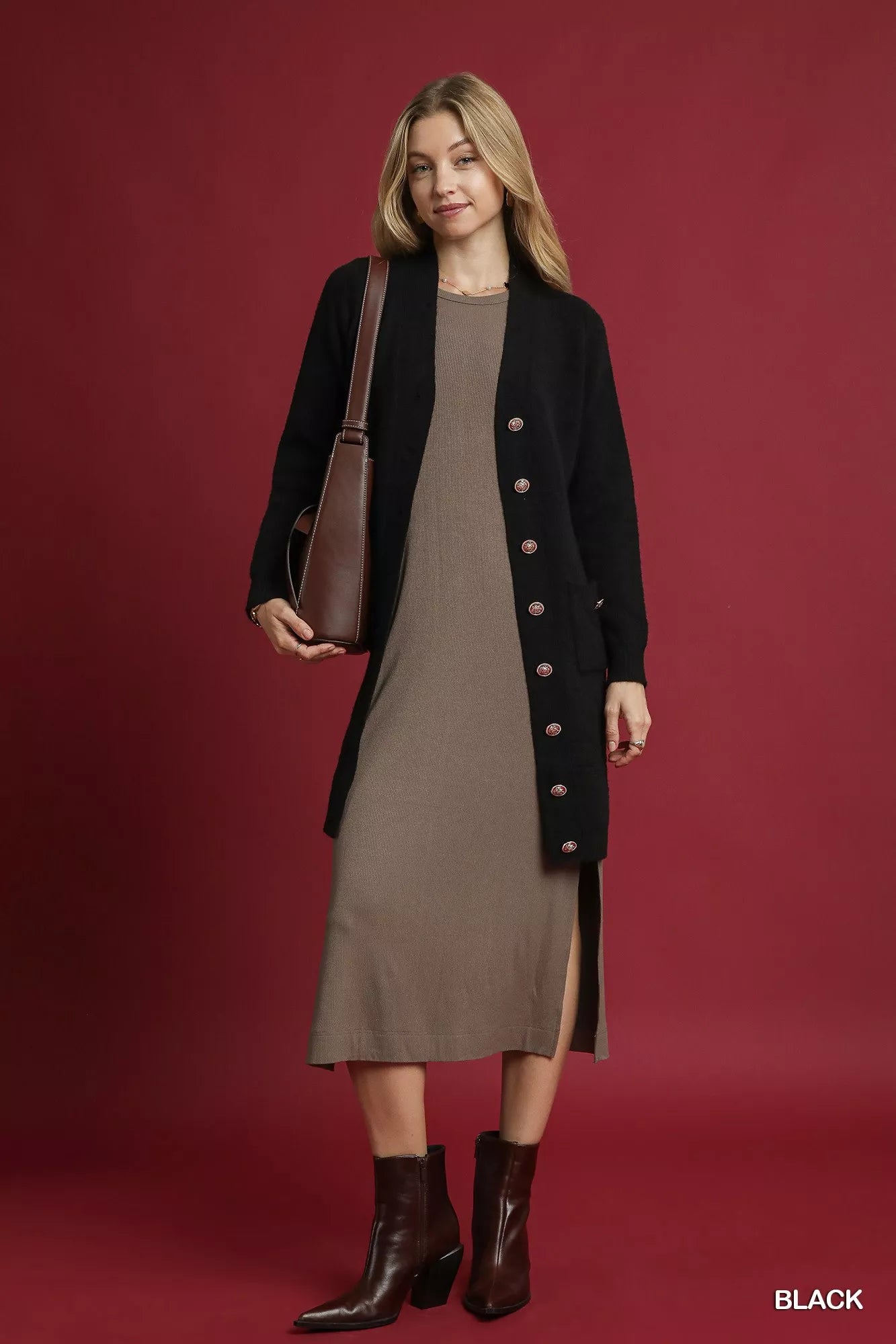 Umgee Button-Down Longline Sweater Cardigan with Front Pockets OutfitFlow