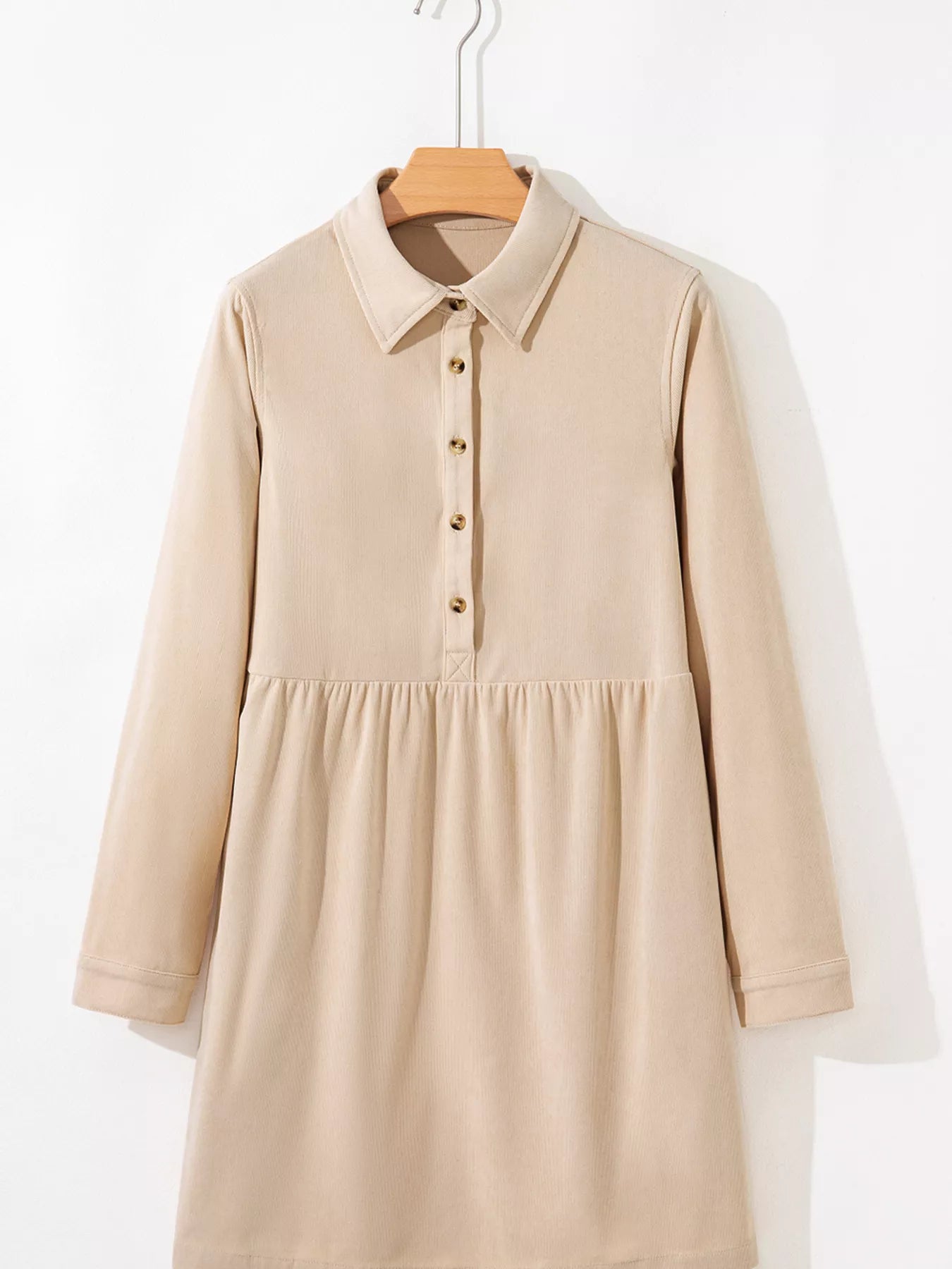 Corduroy Half Button Collared Long Sleeve Mini Dress OutfitFlow