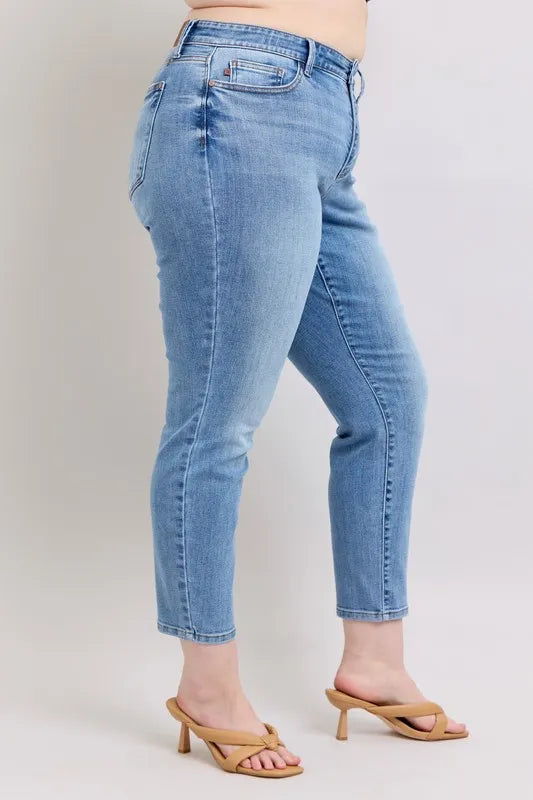 Judy Blue Full Size Mid Rise Vintage Wash Slim Jeans with Cell Phone Pocket Plus Size OutfitFlow