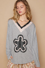 POL Lace Flower Patch Long Sleeve T-Shirt OutfitFlow