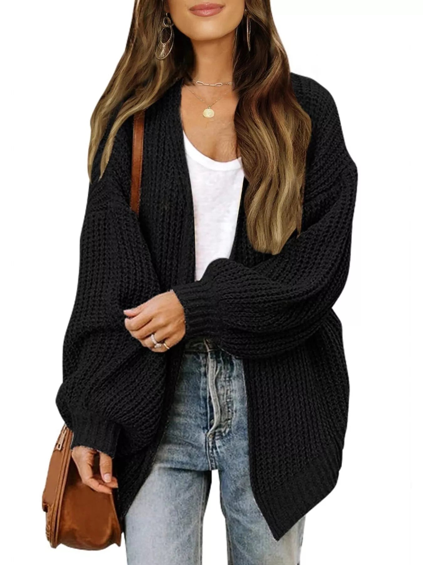 Oversized Chunky Knit Open Front Cardigan Black OutfitFlow