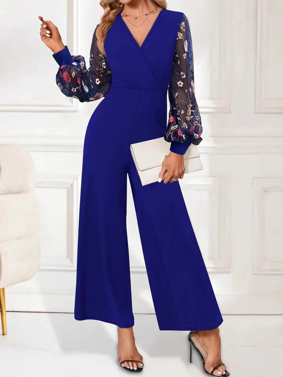 Surplice Embroidered Long Sleeve Wide Leg Jumpsuit