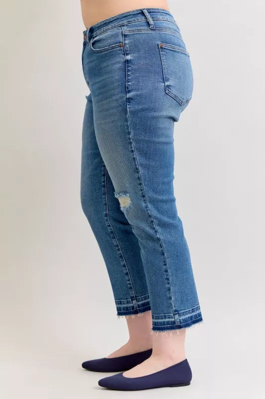Judy Blue Full Size Mid Rise Bf Patch & Repair Destroy Release Hem Jeans Plus Size OutfitFlow