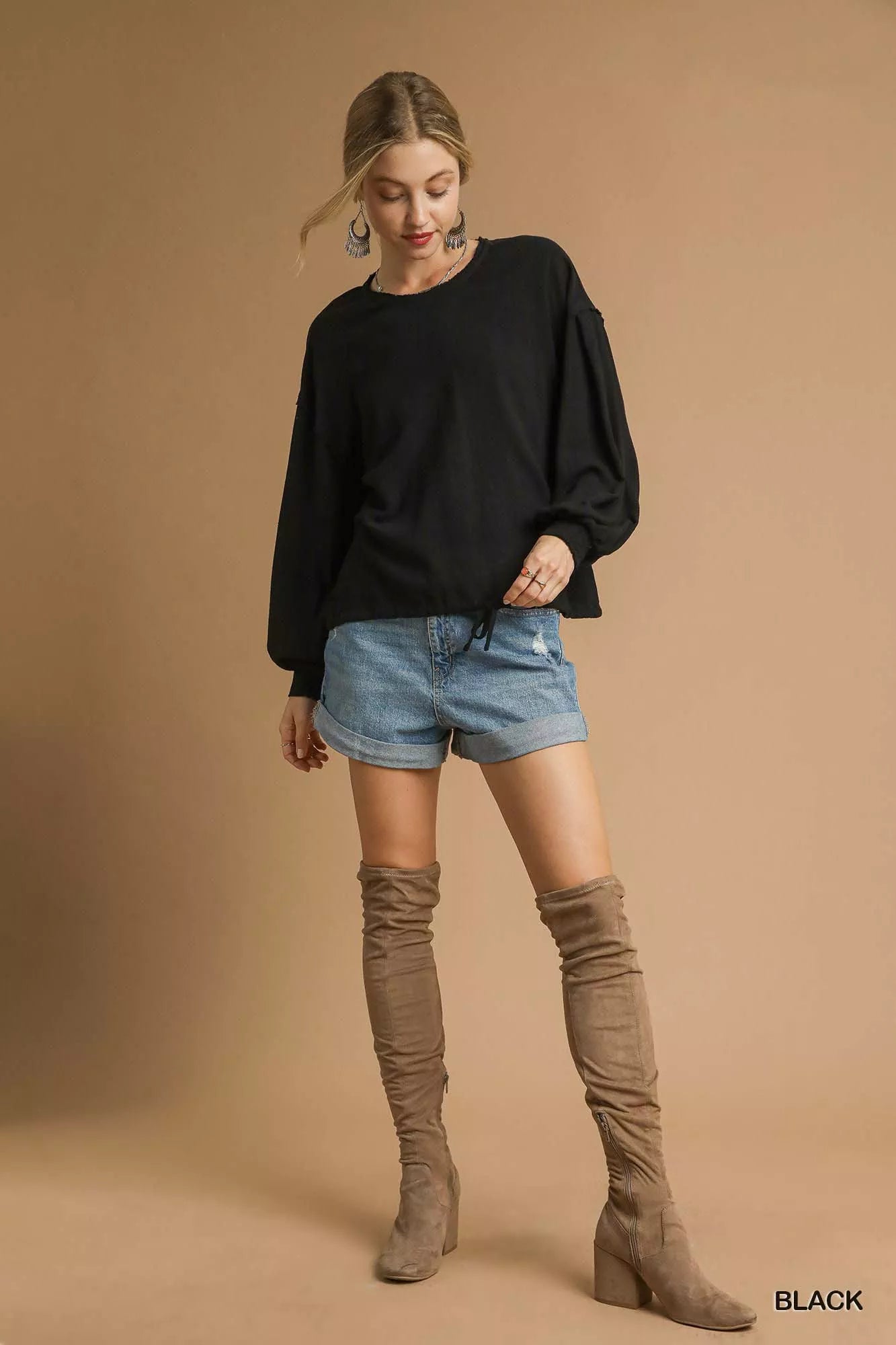 Umgee Full Size Linen Long Sleeve Top with Drawstring Plus Size Trendsi