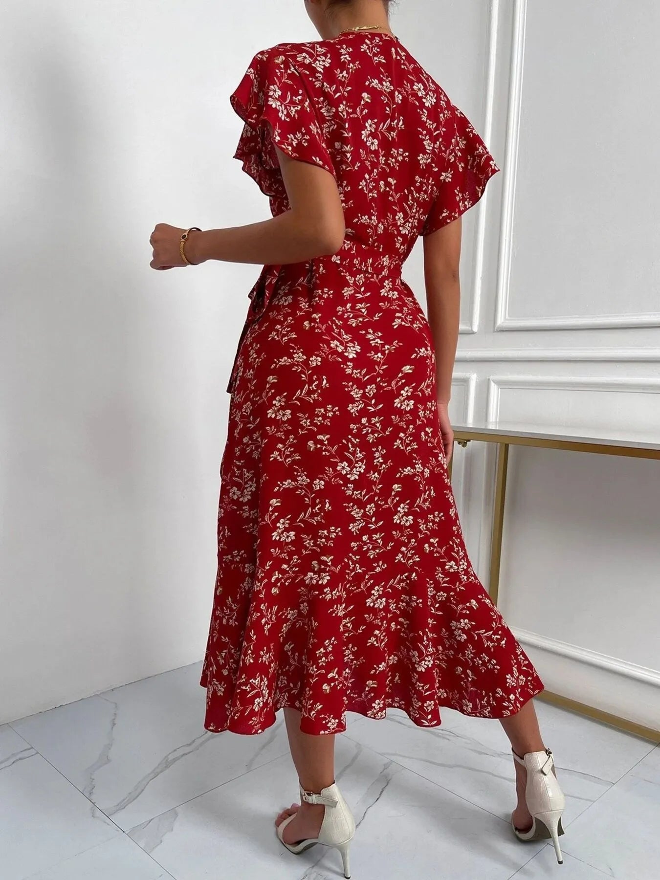 Floral Ruffle Sleeves Midi Dress OutfitFlow