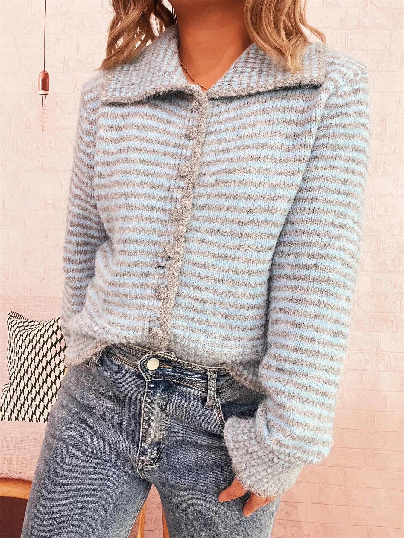 Striped Button-Up Long Sleeve Cardigan OutfitFlow