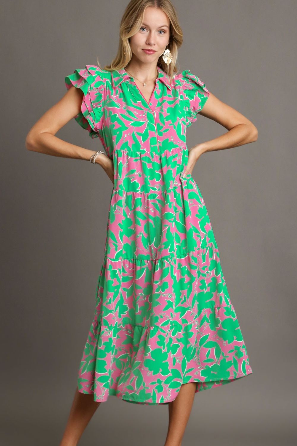 Umgee Full Size Floral Collared Ruffle Cap Sleeve Midi Dress Plus Size EMERALD MIX OutfitFlow