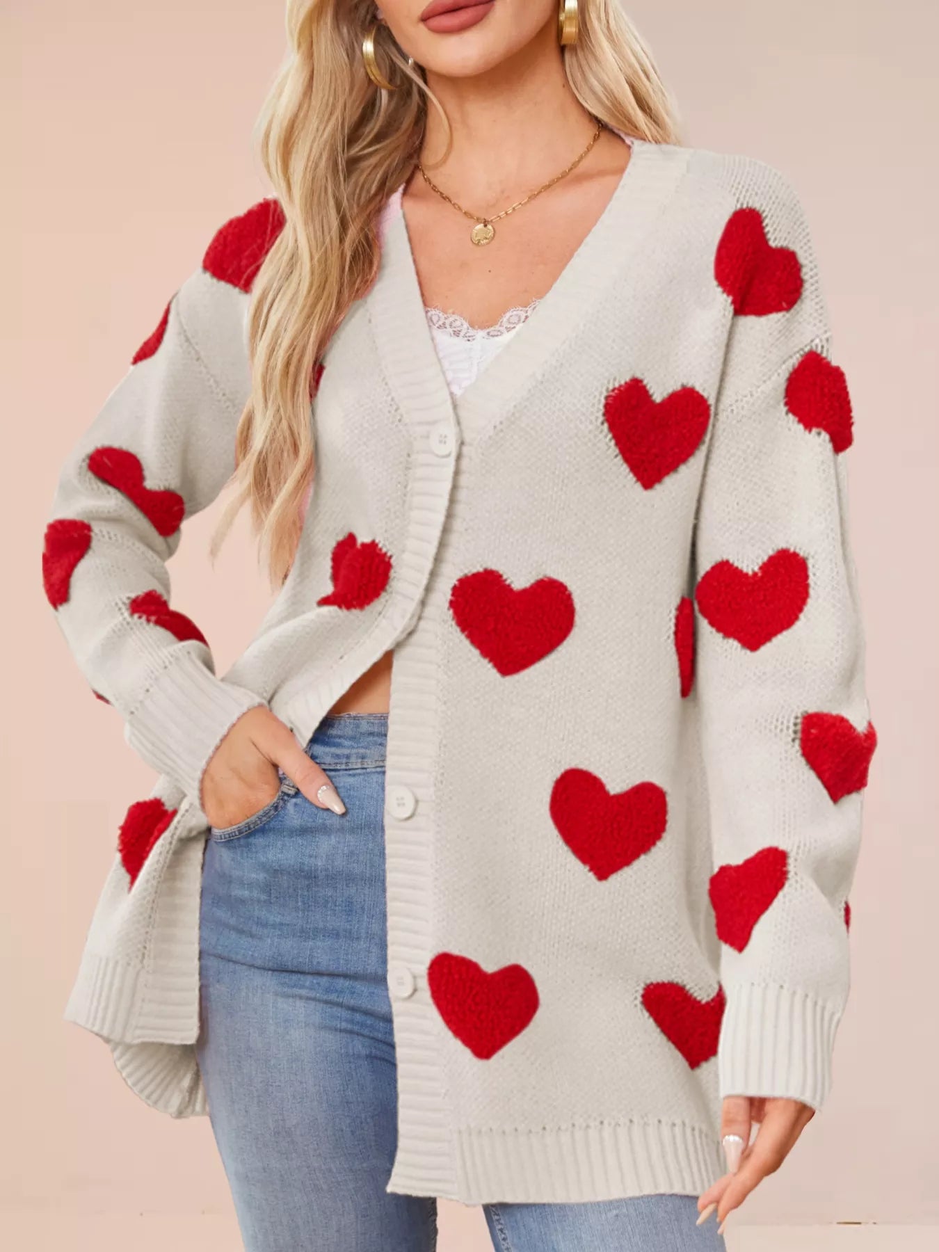 Heart Pattern Knit Button-Up Cardigan OutfitFlow