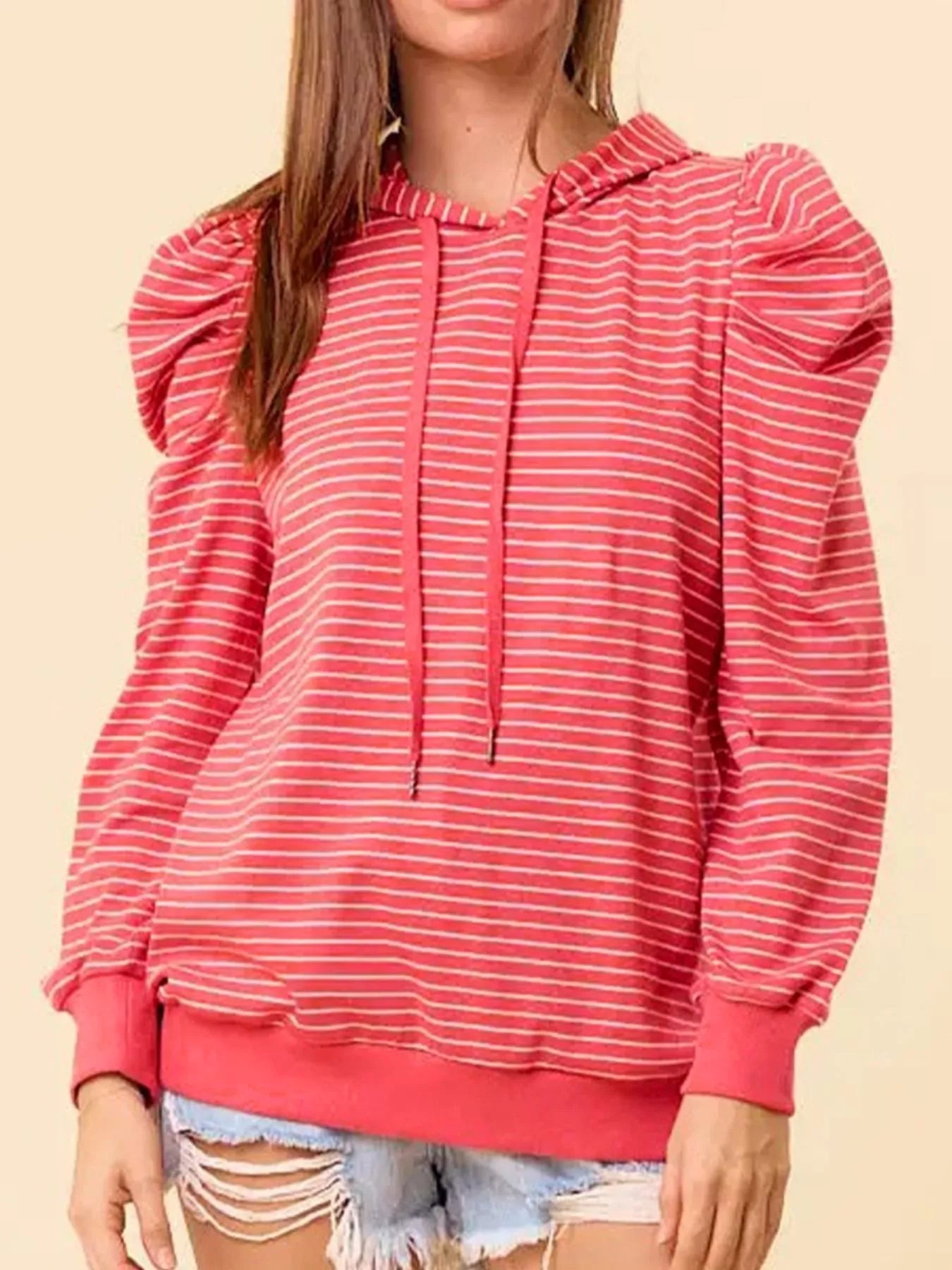 Striped Puff Sleeve Hoodie with Drawstring OutfitFlow
