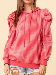 Striped Puff Sleeve Hoodie with Drawstring OutfitFlow