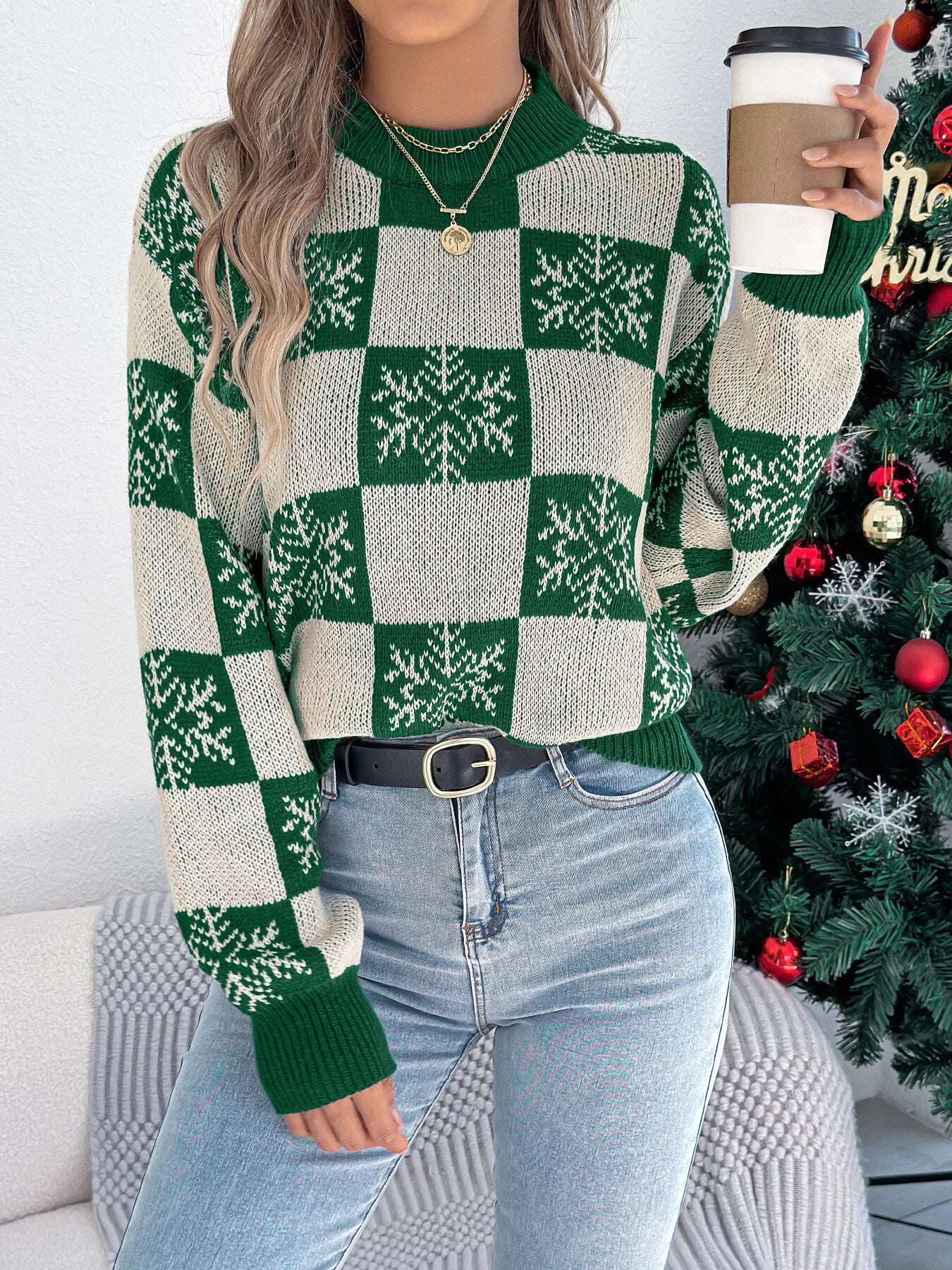 Christmas Snowflake Checkered Round Neck Sweater OutfitFlow