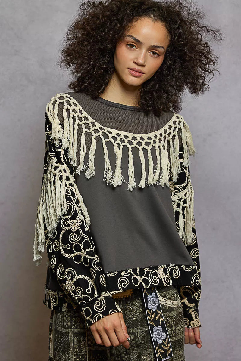 POL Contrast Floral Embroidery Balloon Sleeve Top with Tassel Trim MOSS CHARCOAL OutfitFlow