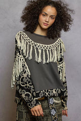 POL Contrast Floral Embroidery Balloon Sleeve Top with Tassel Trim MOSS CHARCOAL OutfitFlow