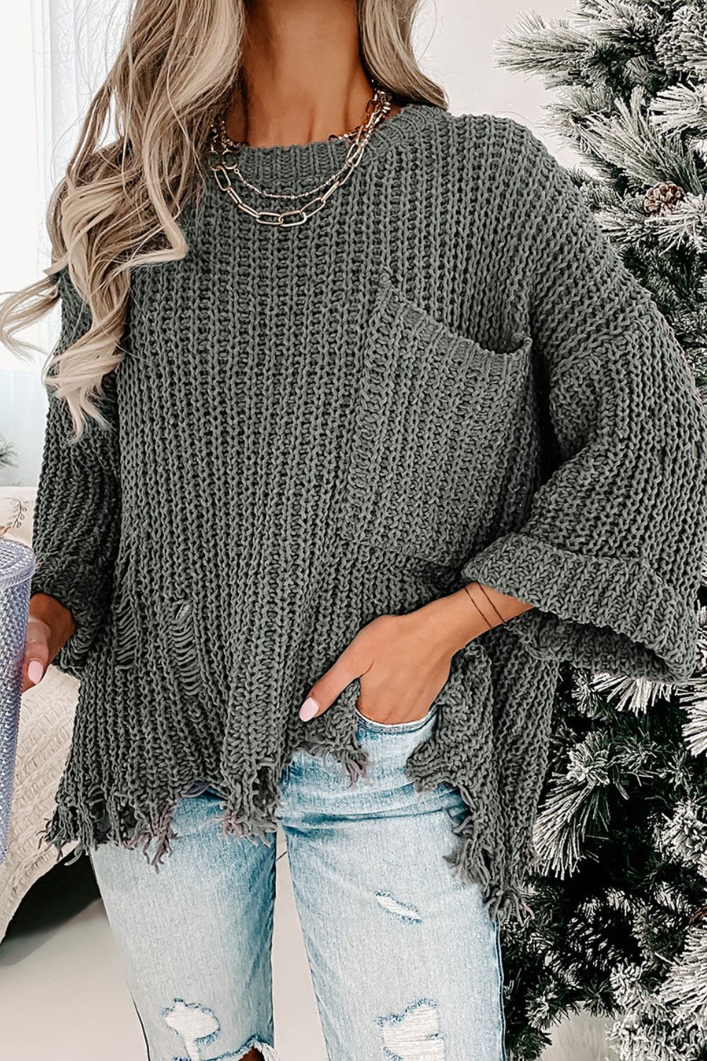 Outfit Flow - Distressed Round Neck Drop Shoulder Sweater