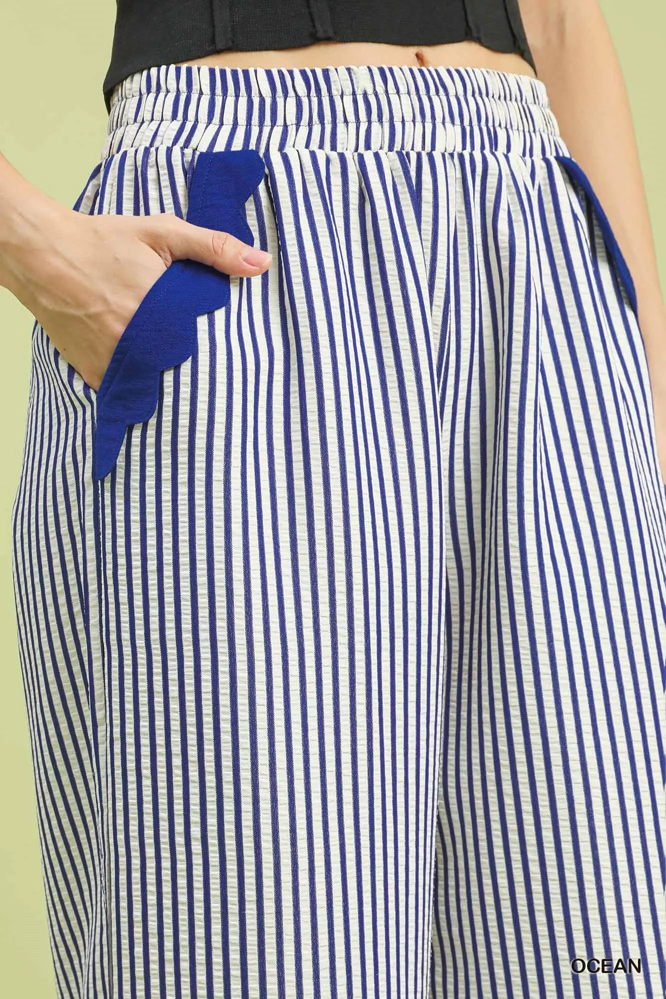 Umgee Stripe Scallop Hem Wide Leg Pants Trendsi
