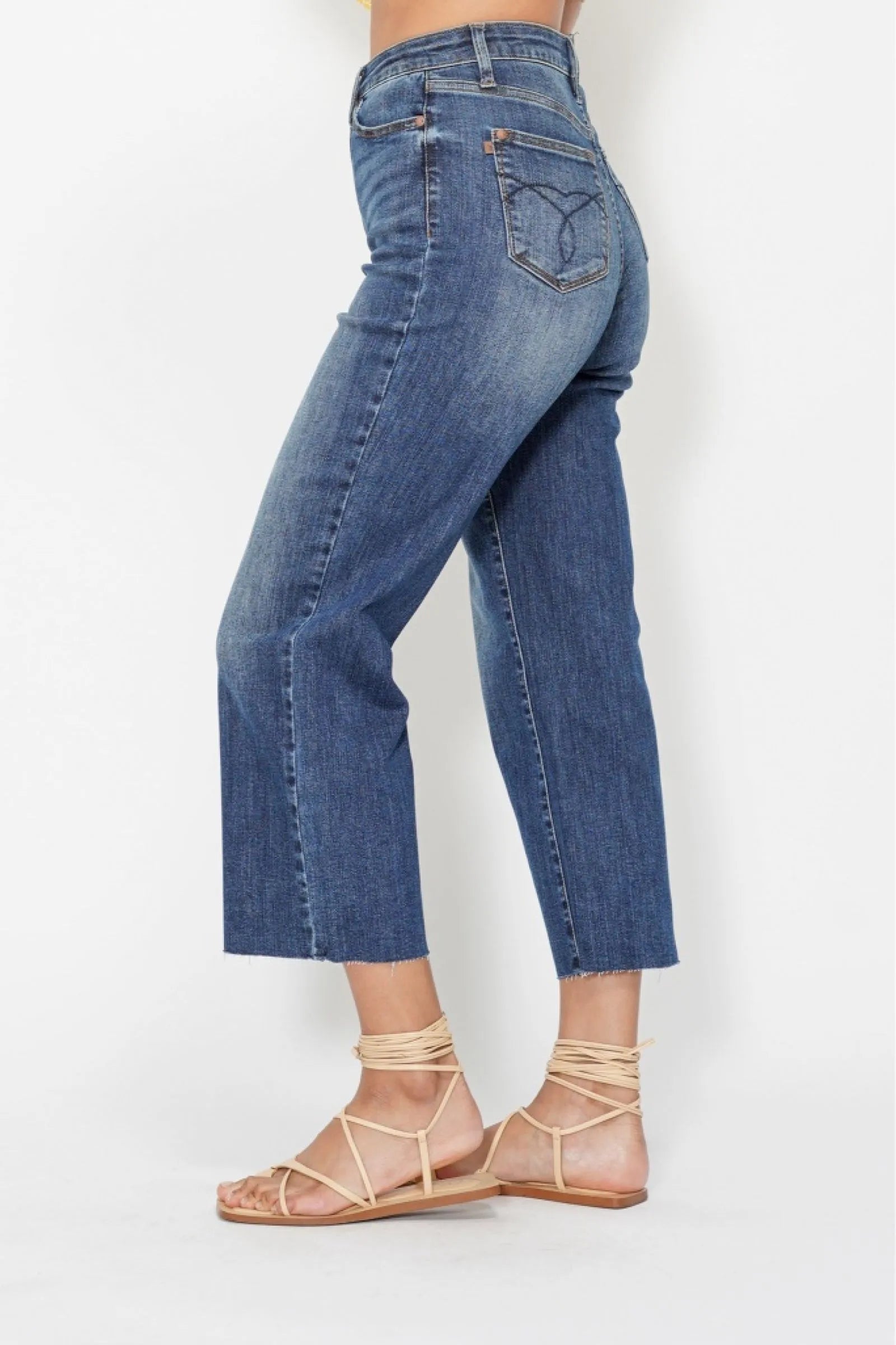 Judy Blue High Waist Back Pocket Embroidery Crop Wide Jeans OutfitFlow