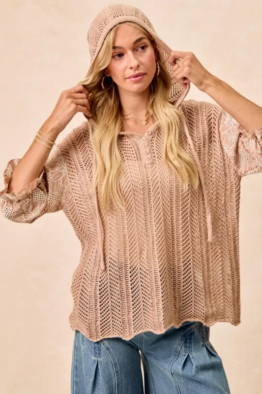 BiBi Jacquard Flower Puff Sleeve Hooded Knit Top OutfitFlow