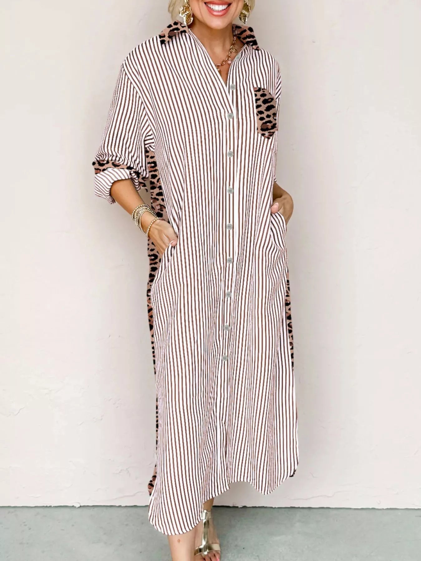 Striped Leopard Print Button Up Shirt Dress Stripe Trendsi