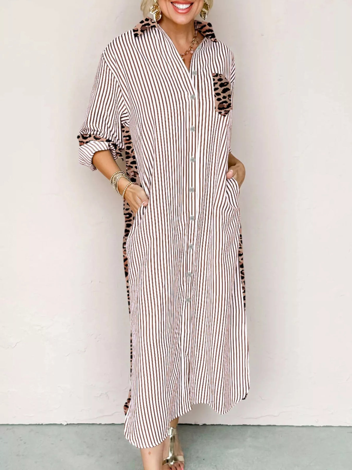 Striped Leopard Print Button Up Shirt Dress Stripe Trendsi