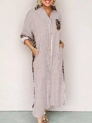 Striped Leopard Print Button Up Shirt Dress Stripe Trendsi