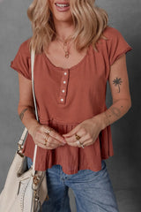 Short Sleeve U Neck Buttons Splicing Ruffle Blouse OutfitFlow