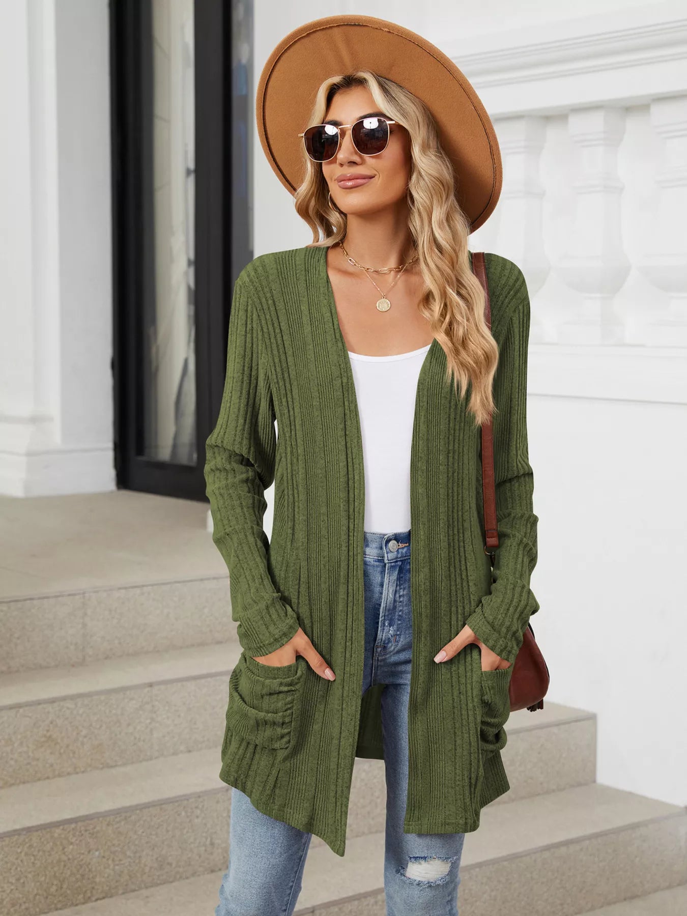 Open Front Long Cardigan Army Green OutfitFlow