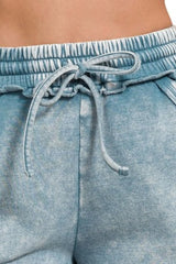 Zenana Acid Wash Fleece Drawstring Shorts With Pockets OutfitFlow