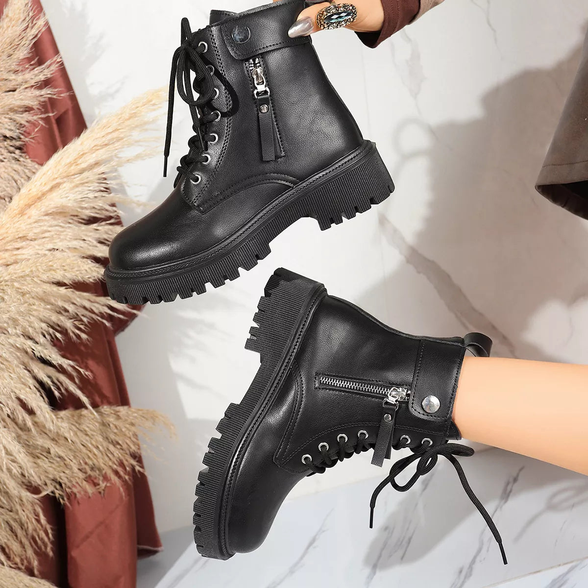 Round Toe Block Heels Boots OutfitFlow