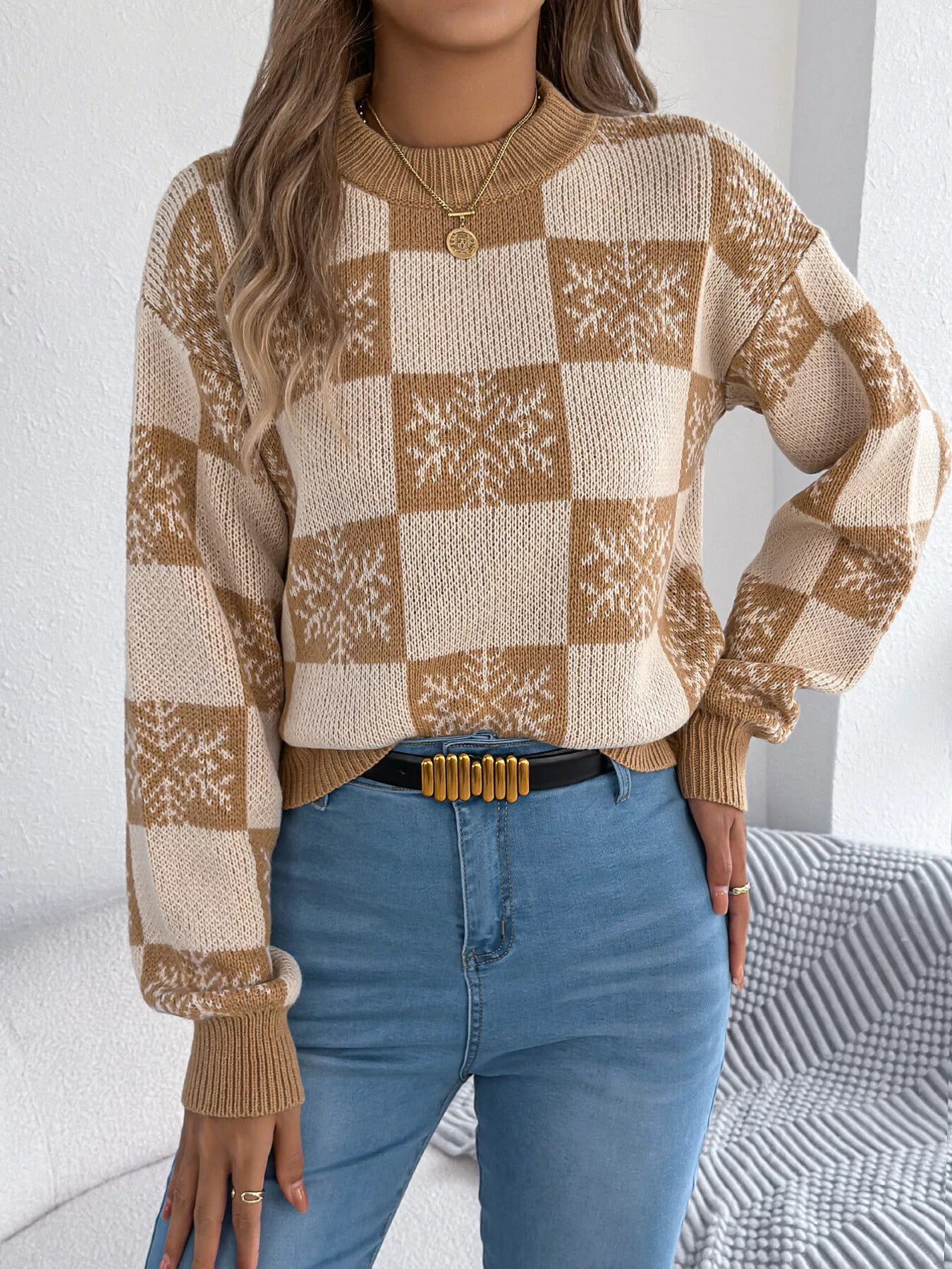 Christmas Snowflake Checkered Round Neck Sweater OutfitFlow