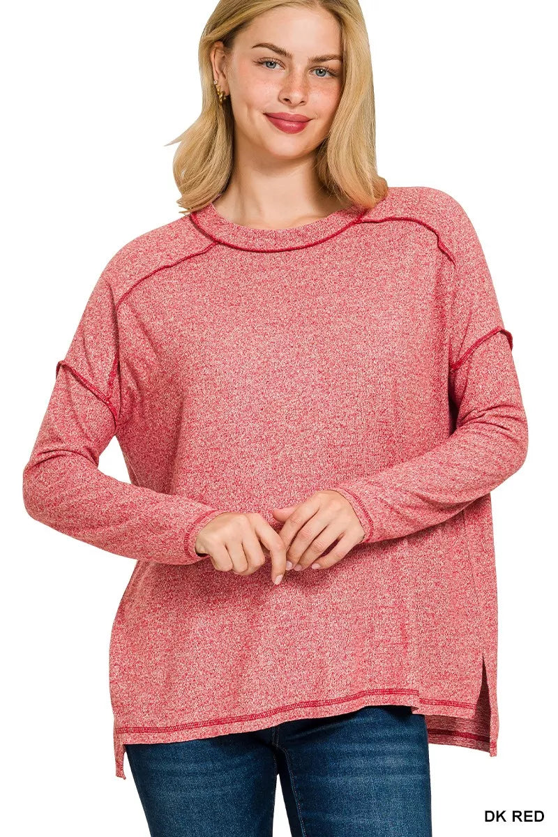 Zenana Full Size Melange Hacci Exposed Seam Hi-low Tee Plus Size DK RED OutfitFlow