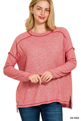 Zenana Full Size Melange Hacci Exposed Seam Hi-low Tee Plus Size DK RED OutfitFlow