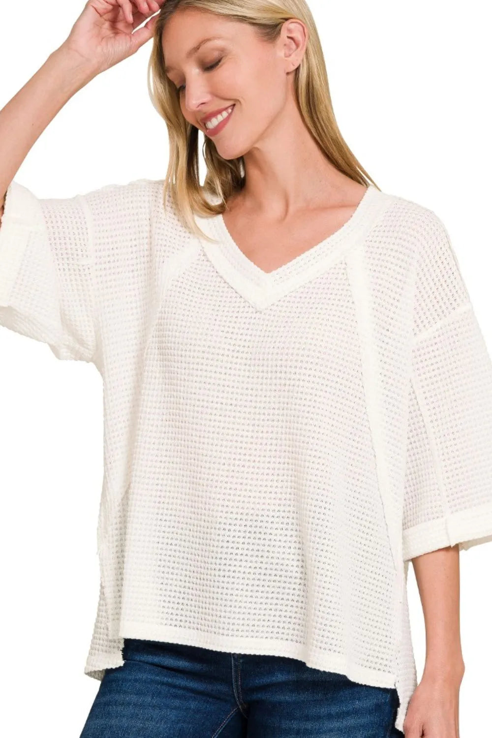Zenana Brushed Waffle Exposed-seam 3/4 Sleeve Top OutfitFlow