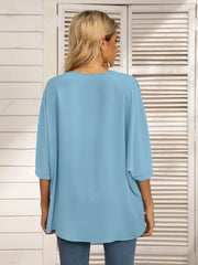 Printed Trim V-Neck Batwing Sleeve Blouse OutfitFlow