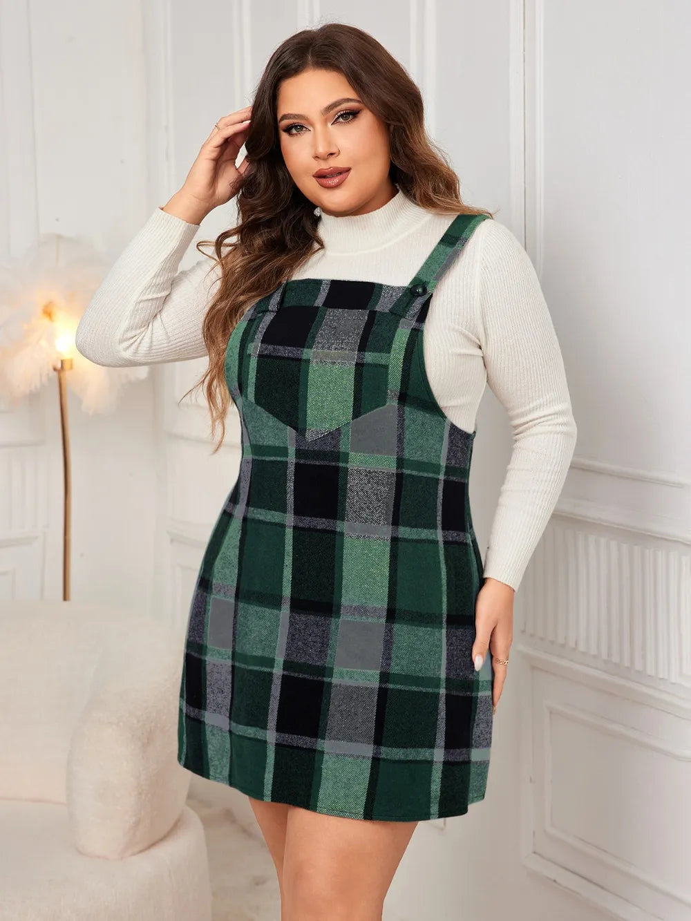 Honey Plus Size Plaid Wide Strap Overall Dress OutfitFlow
