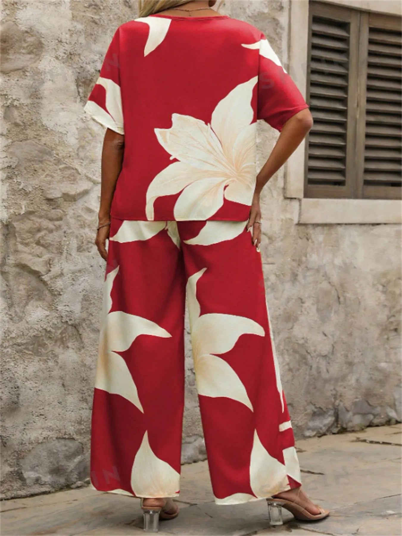 Printed V-Neck Top and Pants Set OutfitFlow