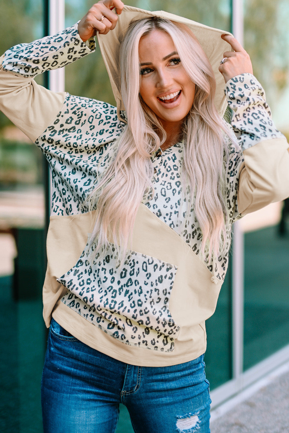 Outfit Flow - Leopard Color Block Buttoned Drawstring Detail Hoodie