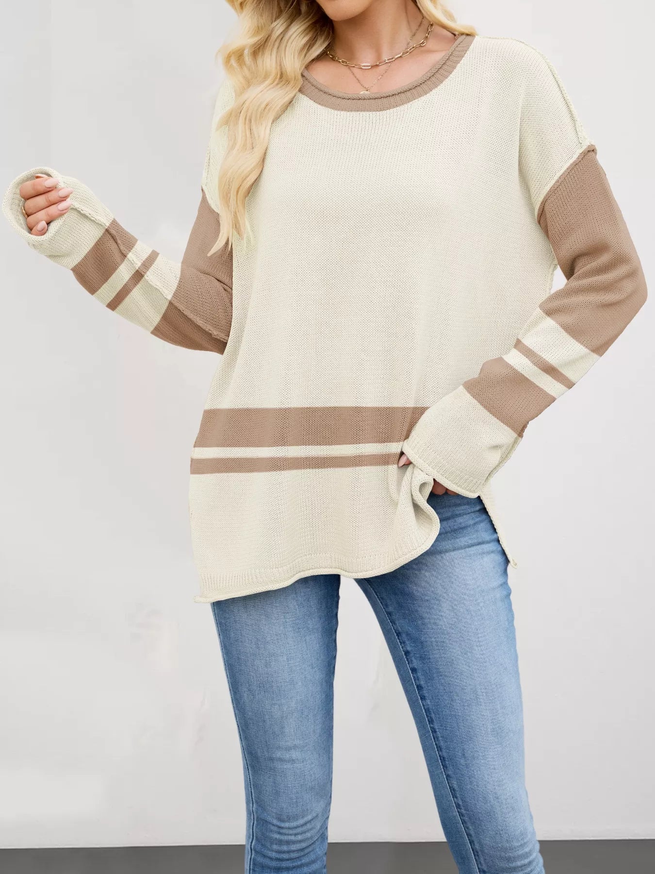 Color Block Side Slit Sweater OutfitFlow