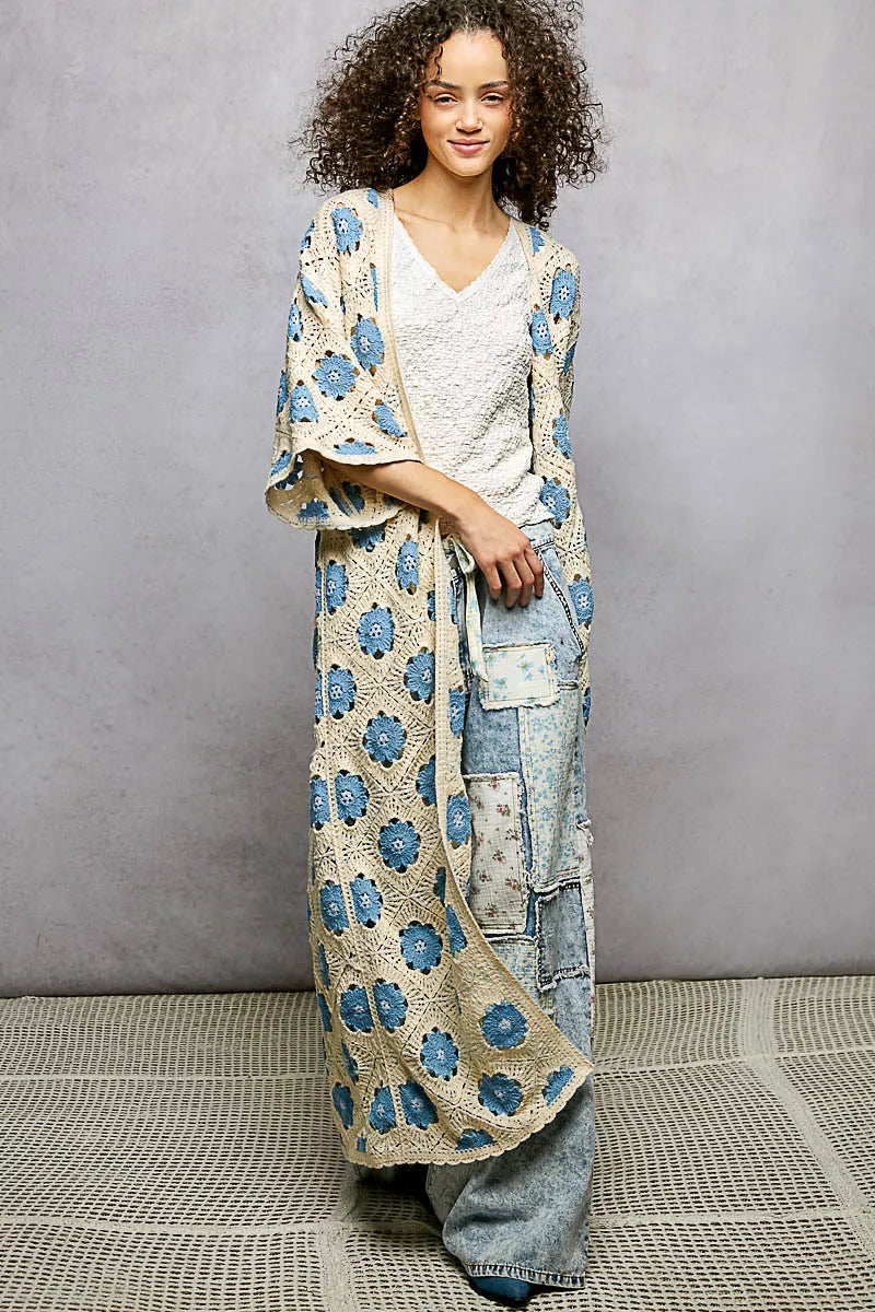 POL Open Front Floral Crochet Longline Cardigan Trendsi