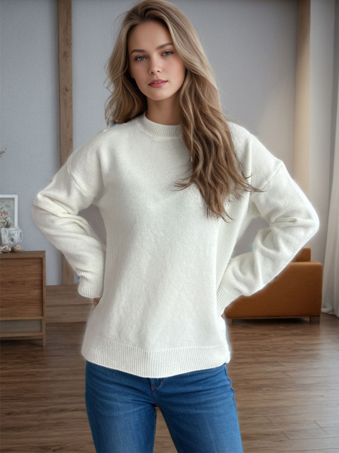 Outfit Flow - Round Neck Drop Shoulder Long Sleeve Sweater