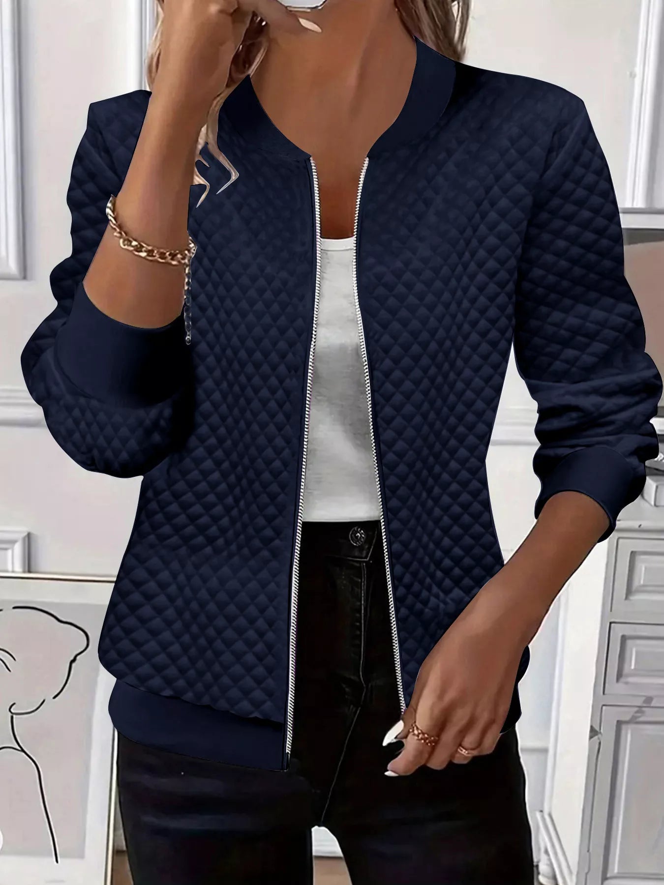Textured Zip Up Long Sleeve Jacket Dark Navy OutfitFlow