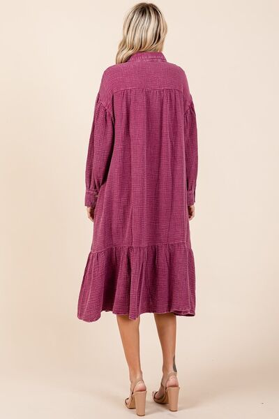 Mittoshop Mineral Wash Cotton Gauze Ruffle Midi Shirt Dress OutfitFlow