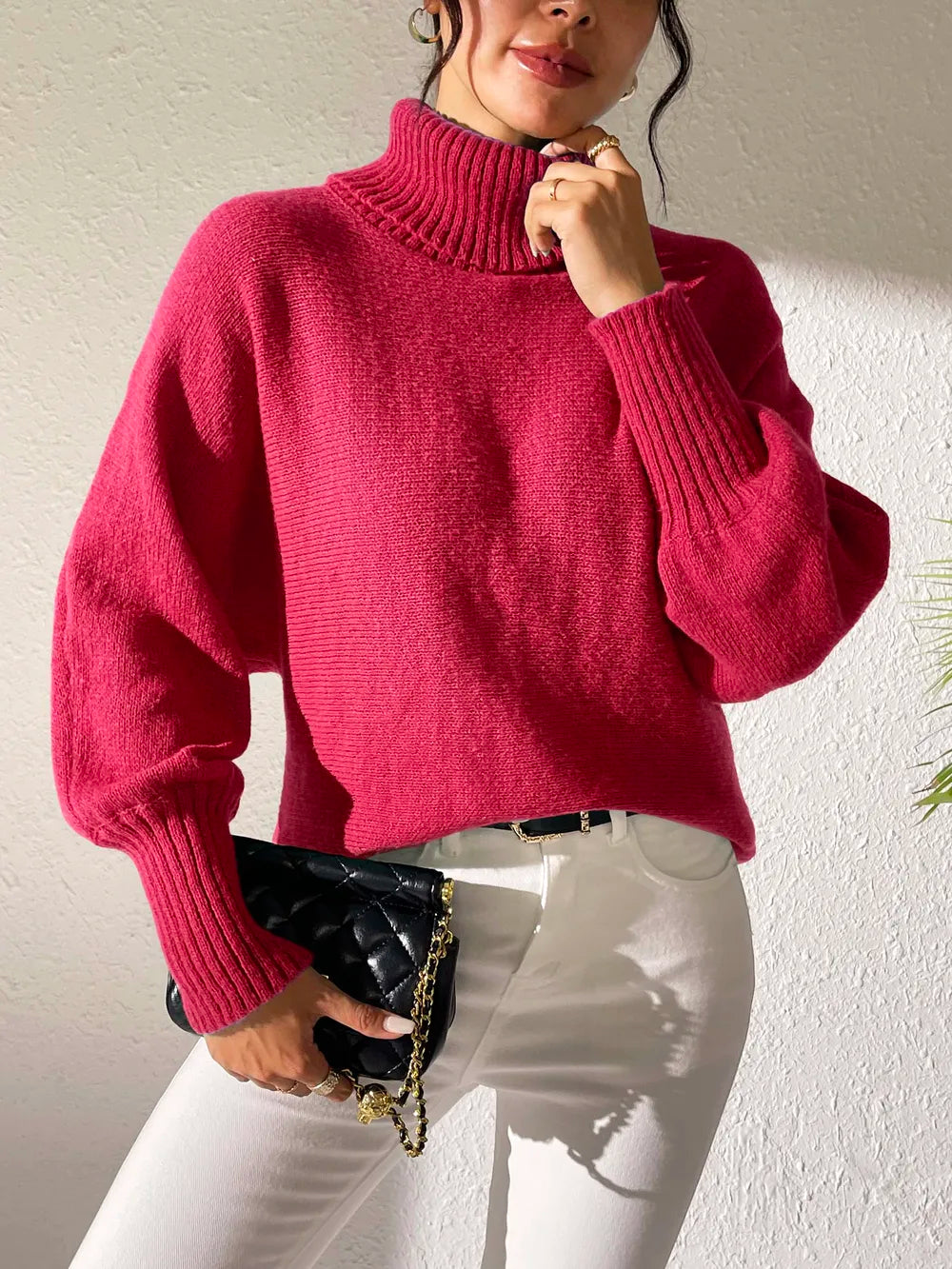 Turtleneck Long Sleeve Sweater Deep Red OutfitFlow