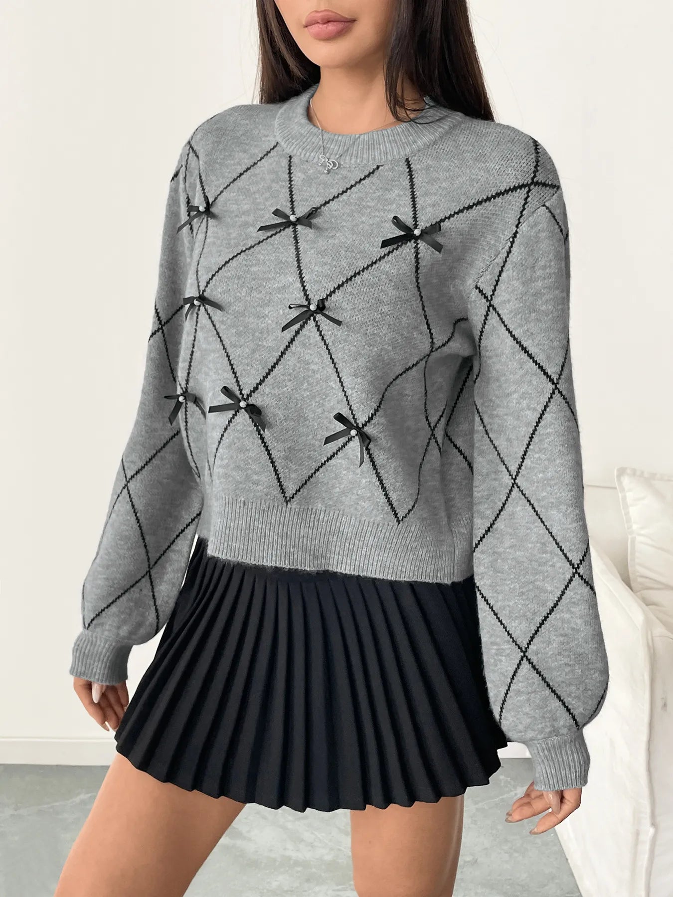 Diamond Pattern Bow Detail Sweater OutfitFlow