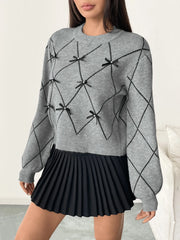 Diamond Pattern Bow Detail Sweater OutfitFlow