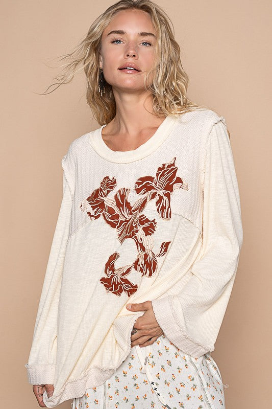 Outfit Flow - POL Embroidered Round Neck Long Sleeve Knit Top