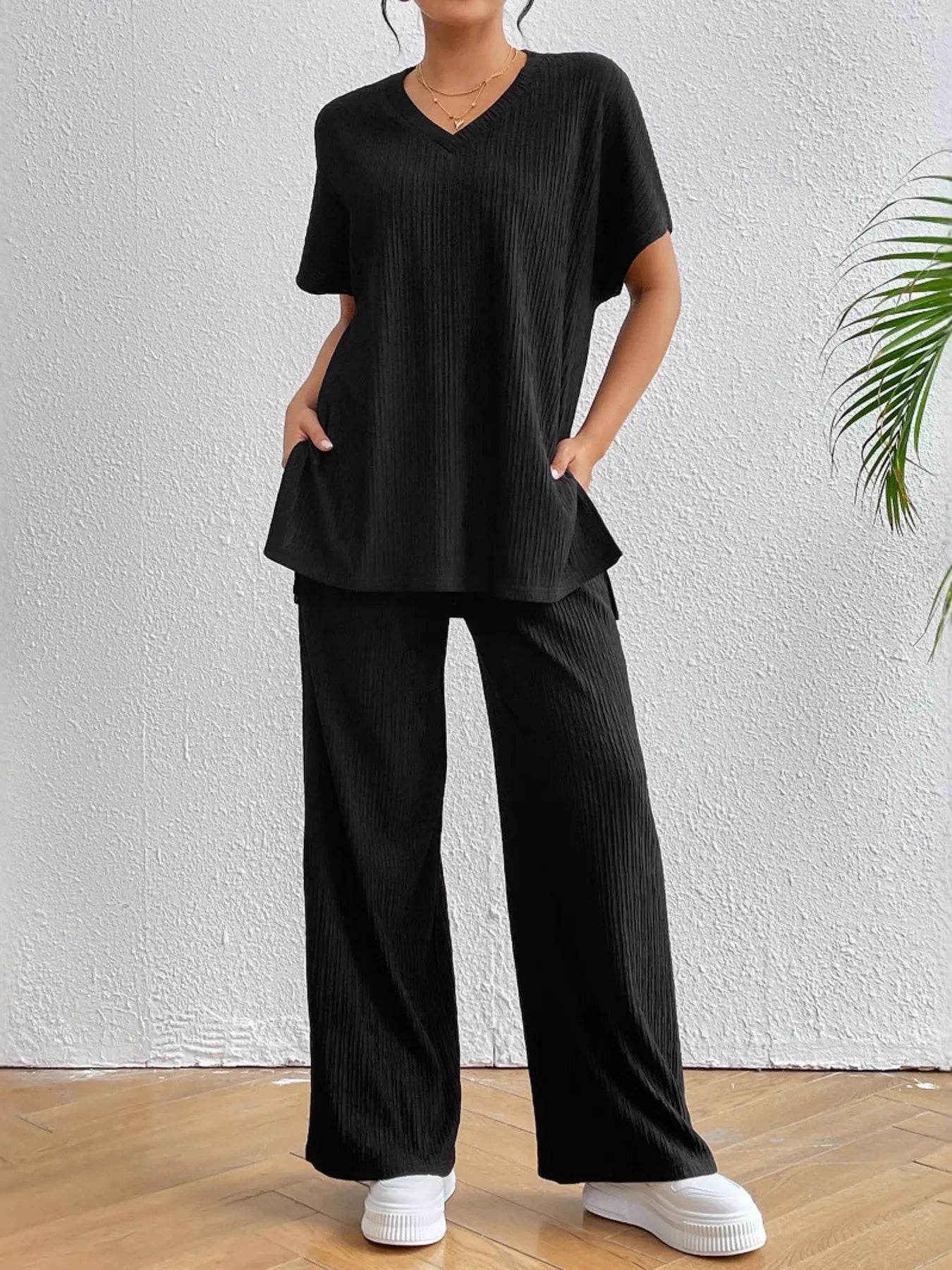 V-Neck Short Sleeve Top and Pants Set OutfitFlow