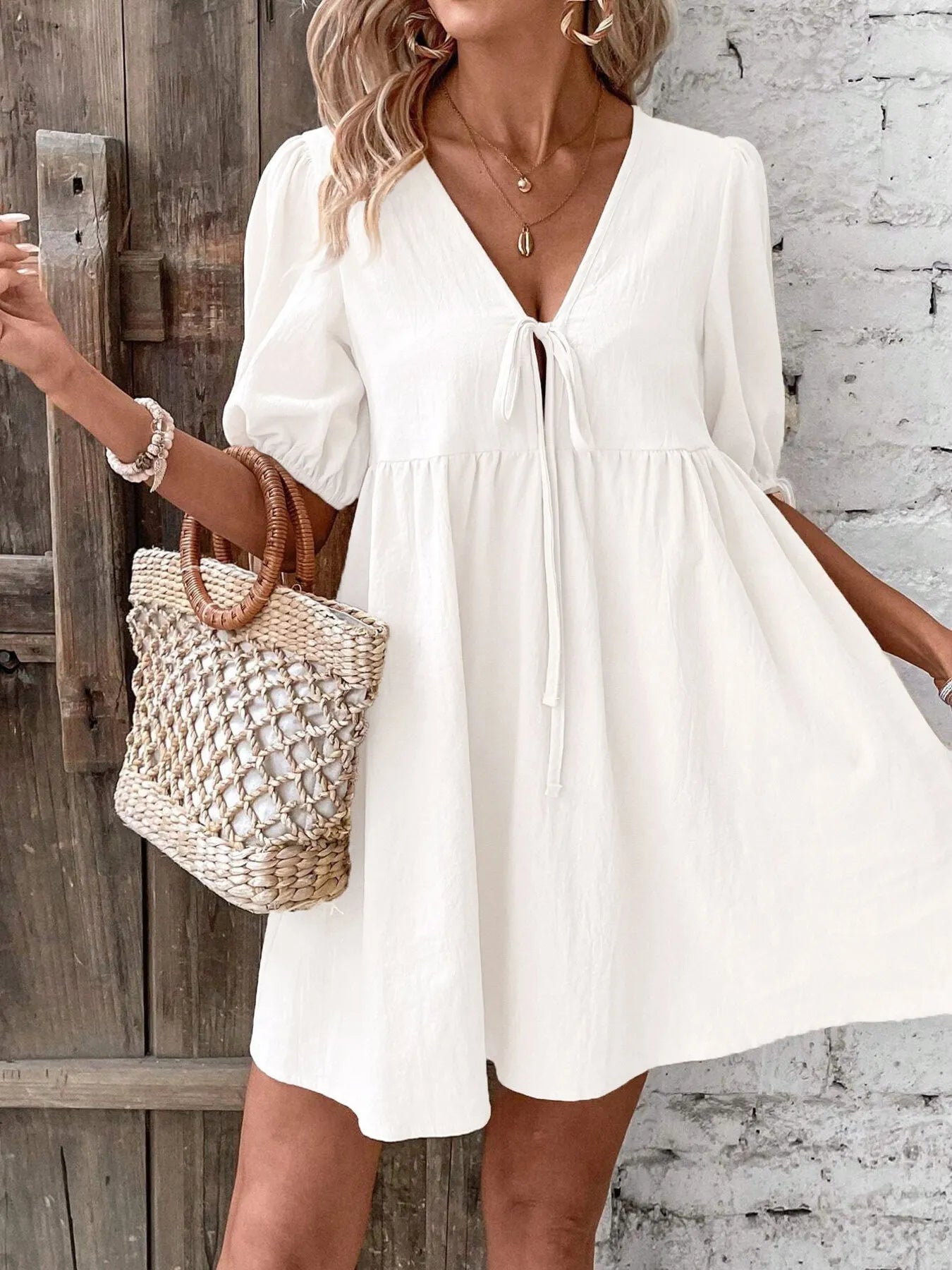 V-Neck Tie-Front Mini Dress with Puff Sleeves White OutfitFlow