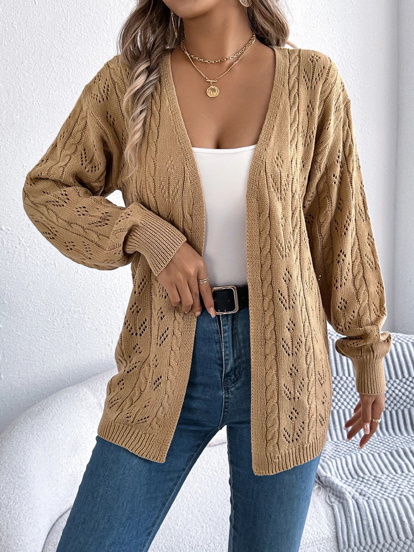 Openwork Open Front Long Sleeve Cardigan OutfitFlow