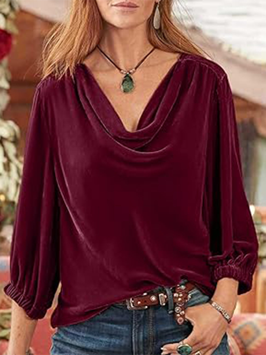 Outfit Flow - Cowl Neck Three-Quarter Sleeve Top